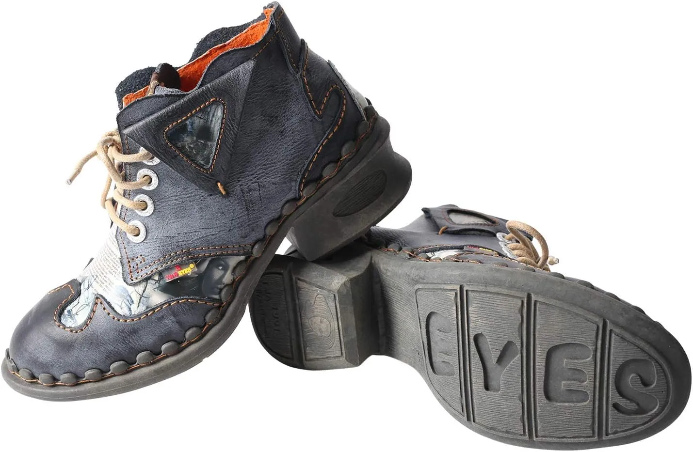 TMA EYES Leather Women's Ankle Boots Shoes for Outdoor,Medium heel, Floral Newspaper Printed Leather Material