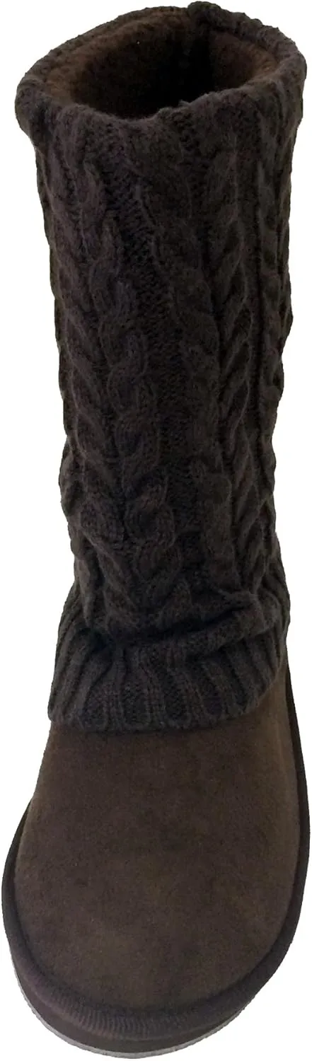 U9A1011S Women's Winter Boots Knit Sweater Faux Suede Crochet Mid Calf Fleece Lining Rib Warm Colors Shoes, Black, Grey, Tan, Brown