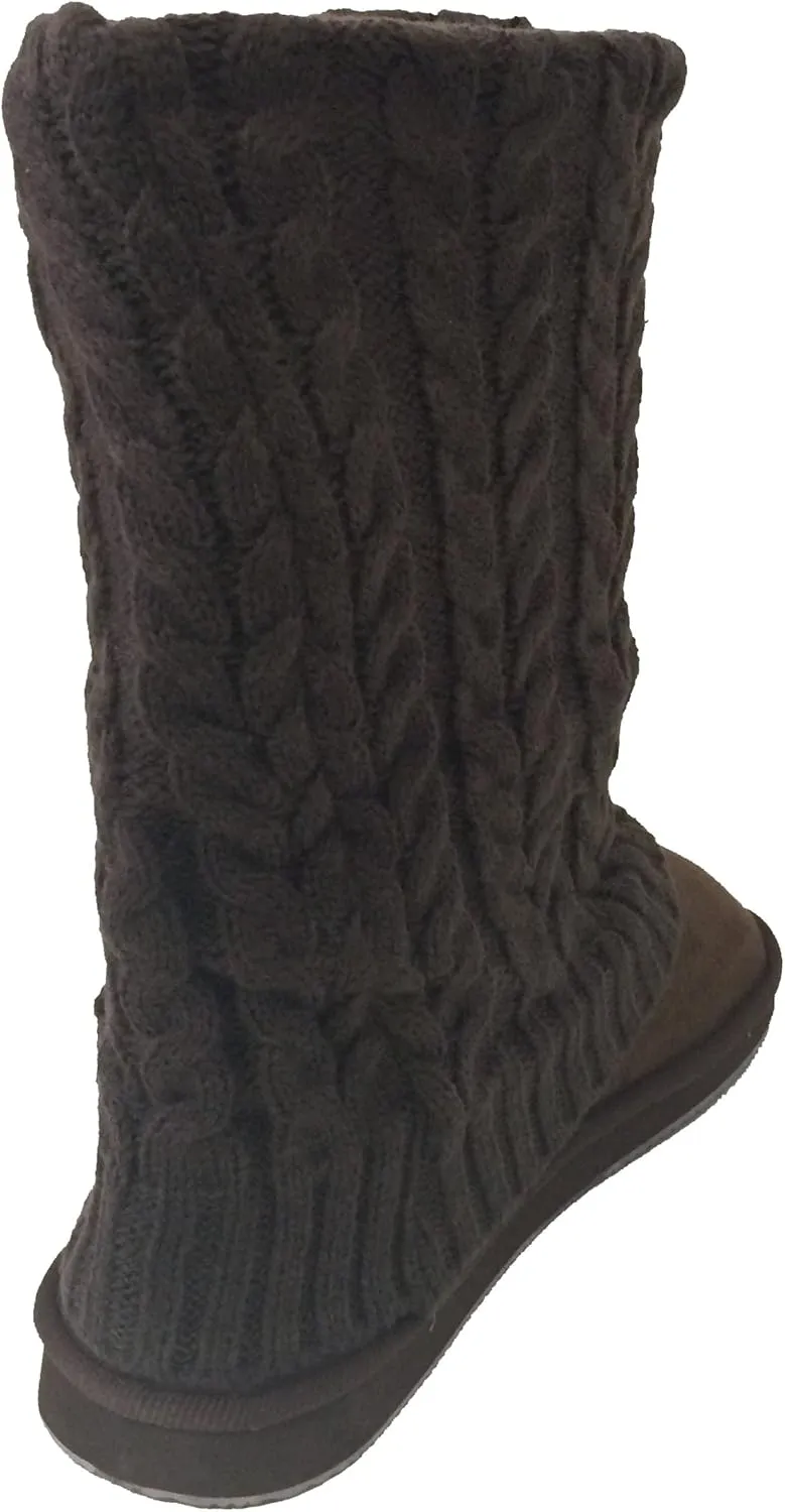 U9A1011S Women's Winter Boots Knit Sweater Faux Suede Crochet Mid Calf Fleece Lining Rib Warm Colors Shoes, Black, Grey, Tan, Brown