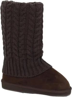 U9A1011S Women's Winter Boots Knit Sweater Faux Suede Crochet Mid Calf Fleece Lining Rib Warm Colors Shoes, Black, Grey, Tan, Brown