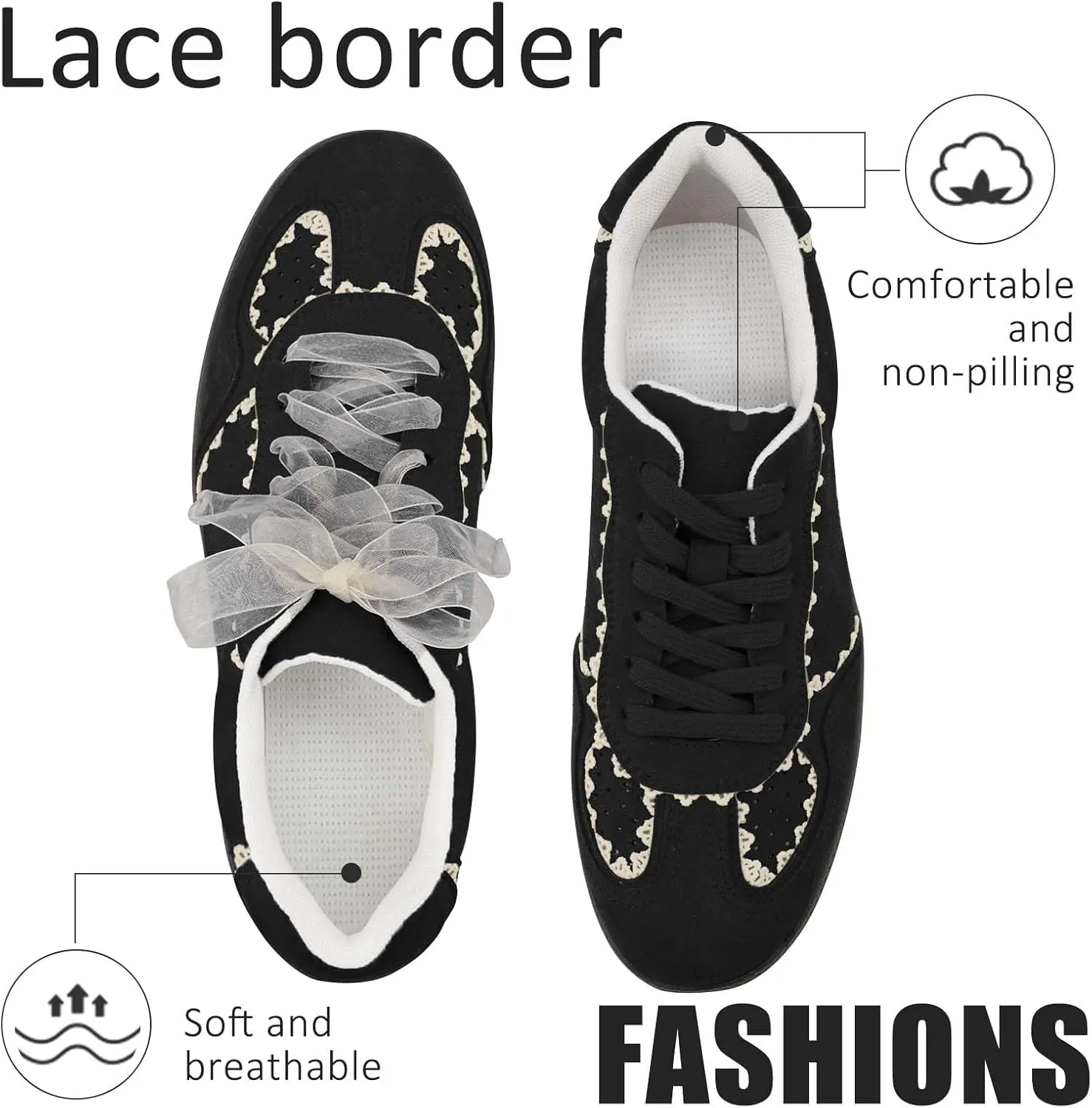 UBWDU Lace Fashion Ballet Sneakers for Women 2025 – Trendy Cute Crochet Ribbon Lace-Up Casual Spring Shoes