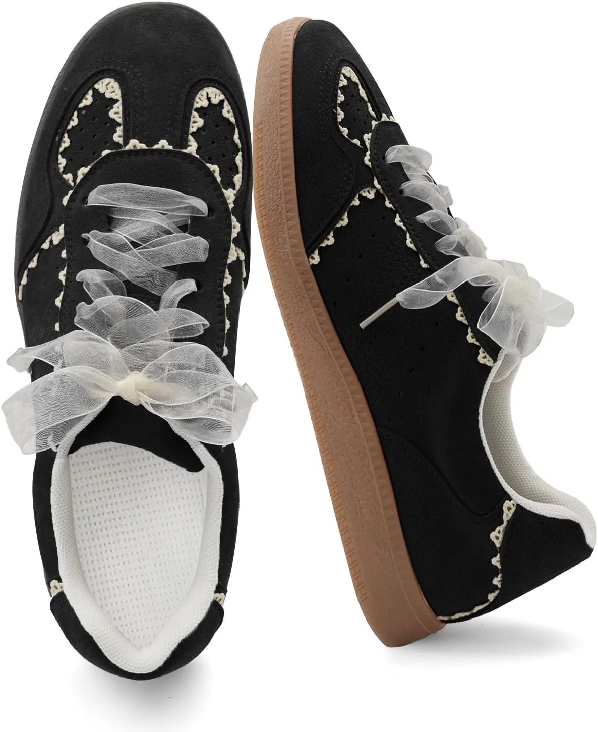 UBWDU Lace Fashion Ballet Sneakers for Women 2025 – Trendy Cute Crochet Ribbon Lace-Up Casual Spring Shoes