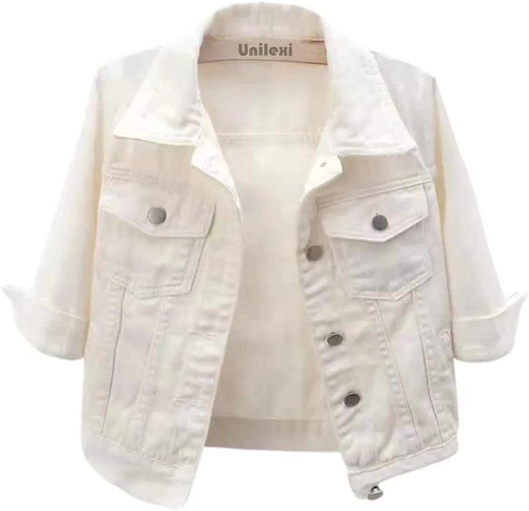 Unilexi Women's 3/4 Sleeve Colored Cropped Denim Jacket Light Wash Short Jean Jacket Trucker Coat