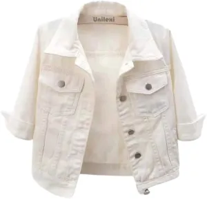 Unilexi Women's 3/4 Sleeve Colored Cropped Denim Jacket Light Wash Short Jean Jacket Trucker Coat