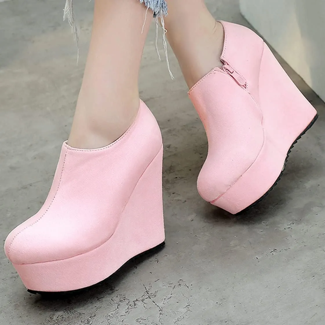 UniqueStride Women High Heel Wedge Short Ankle Boots Fashion Platform Zip up Faux Suede Ankle Booties