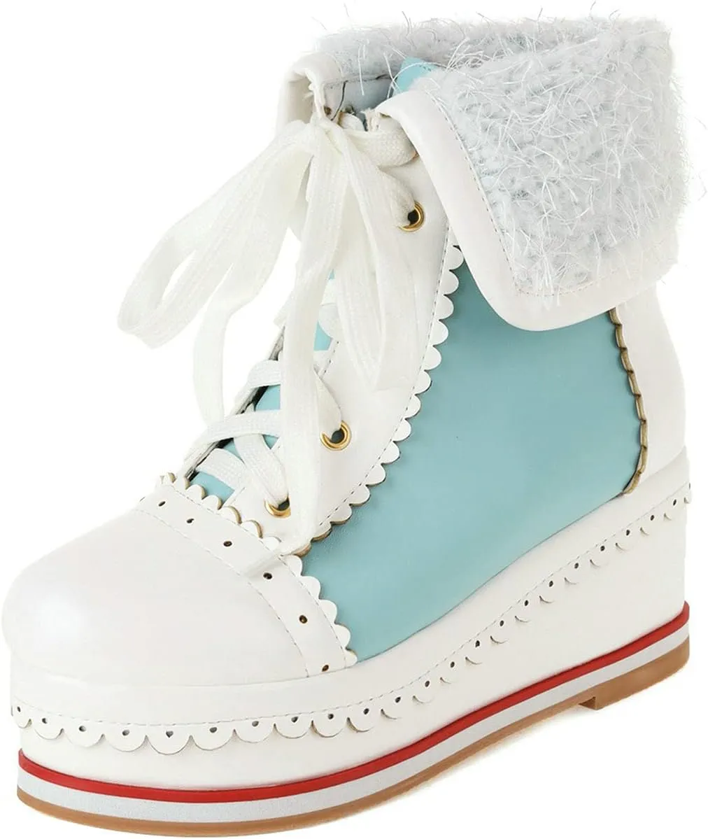 UniqueStride Womens Cute Kawaii Platform Wedge Ankle Boots Lace Up Brogue Lolita Booties