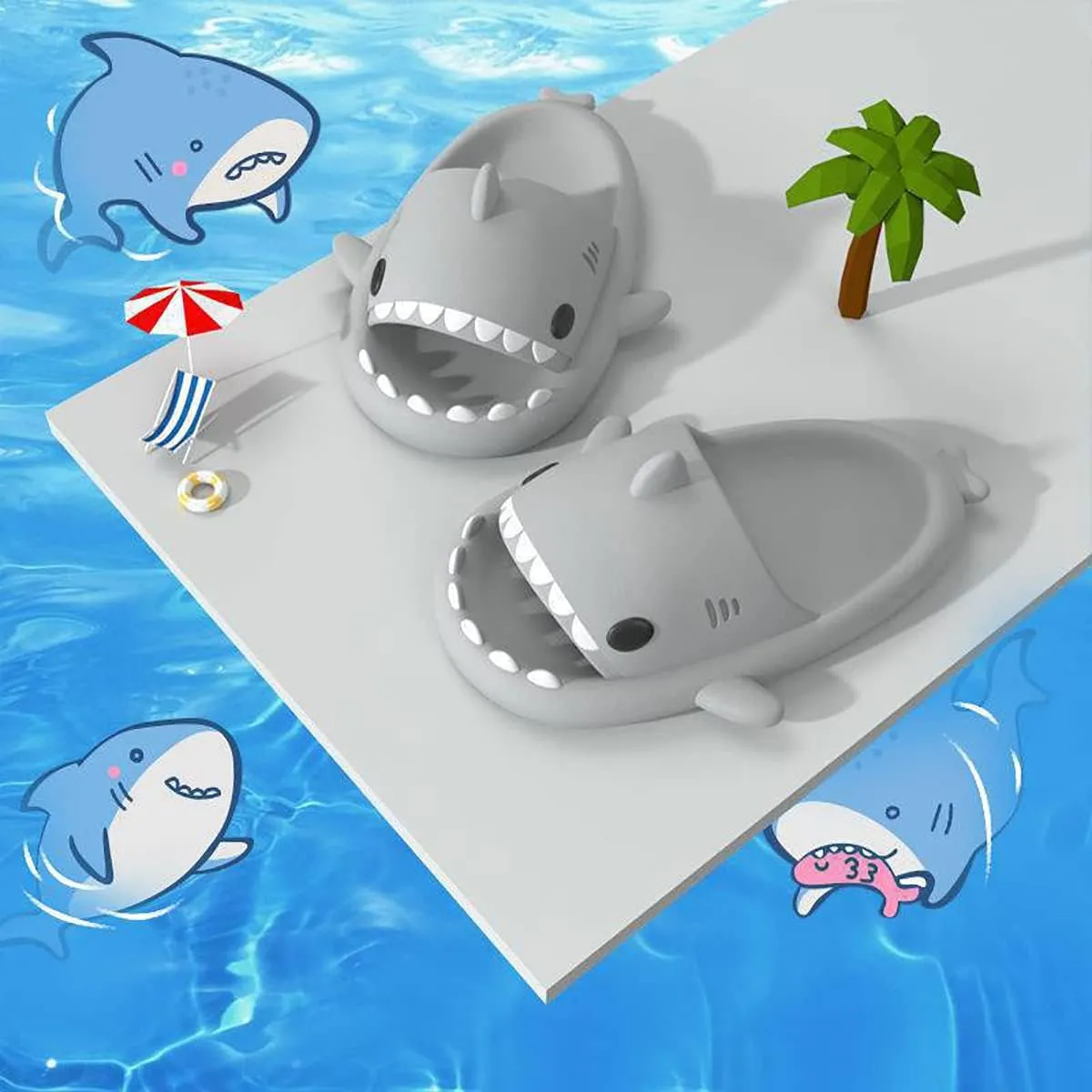 Unisex Shark Slides Pillow Thick-Soled Cute Cartoon Open Toe Sandals Lightweight Comfort Non-Slip Shower Beach Slippers