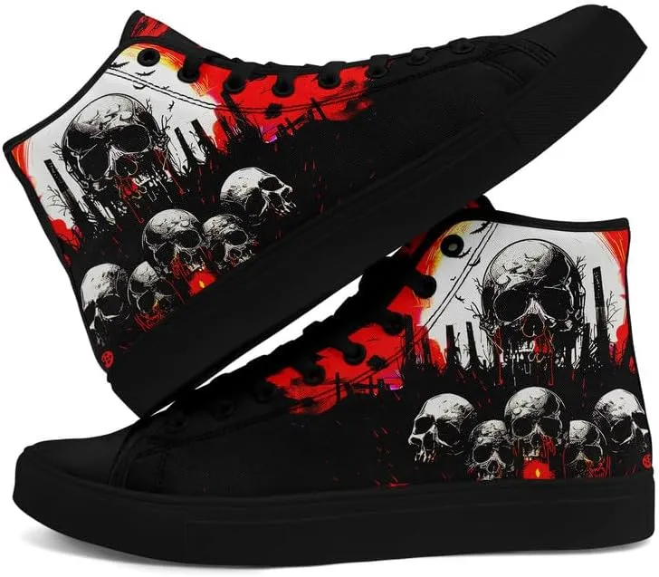 Unisex Skull High Tops for Women Cool Design Black Canvas Shoes Classic Lace Up Fashion Sneakers Streetwear