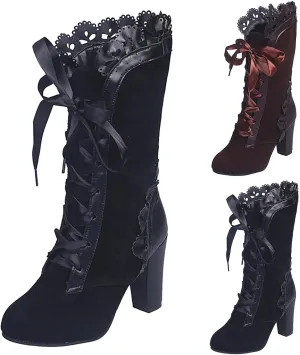 Victorian Boots for Women Retro Kitten Heel Mid Calf Shoes Lace Up Side Zipper Mid Heel Vintage Comfort Dressy Booties