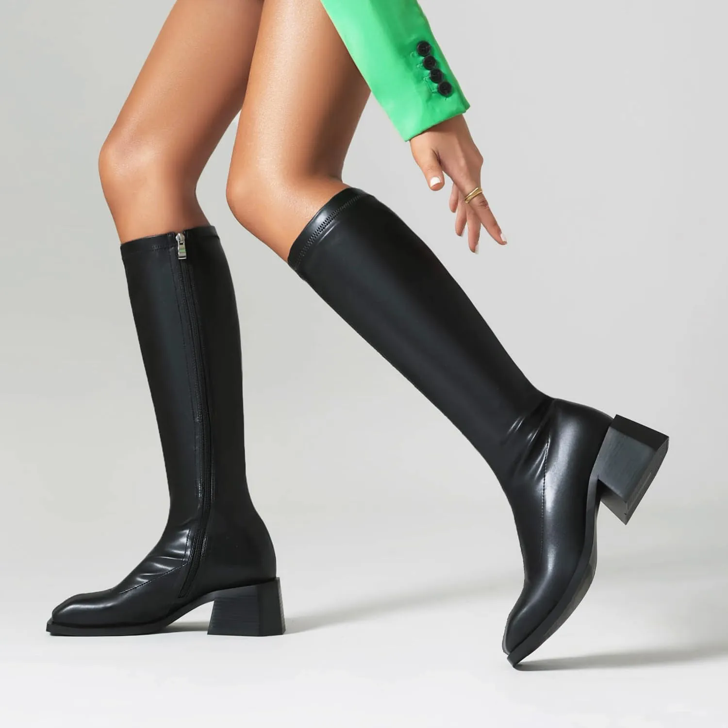 vivianly Women's Chunky Heel Knee high Boots Zipper Square Toe Platform Booties