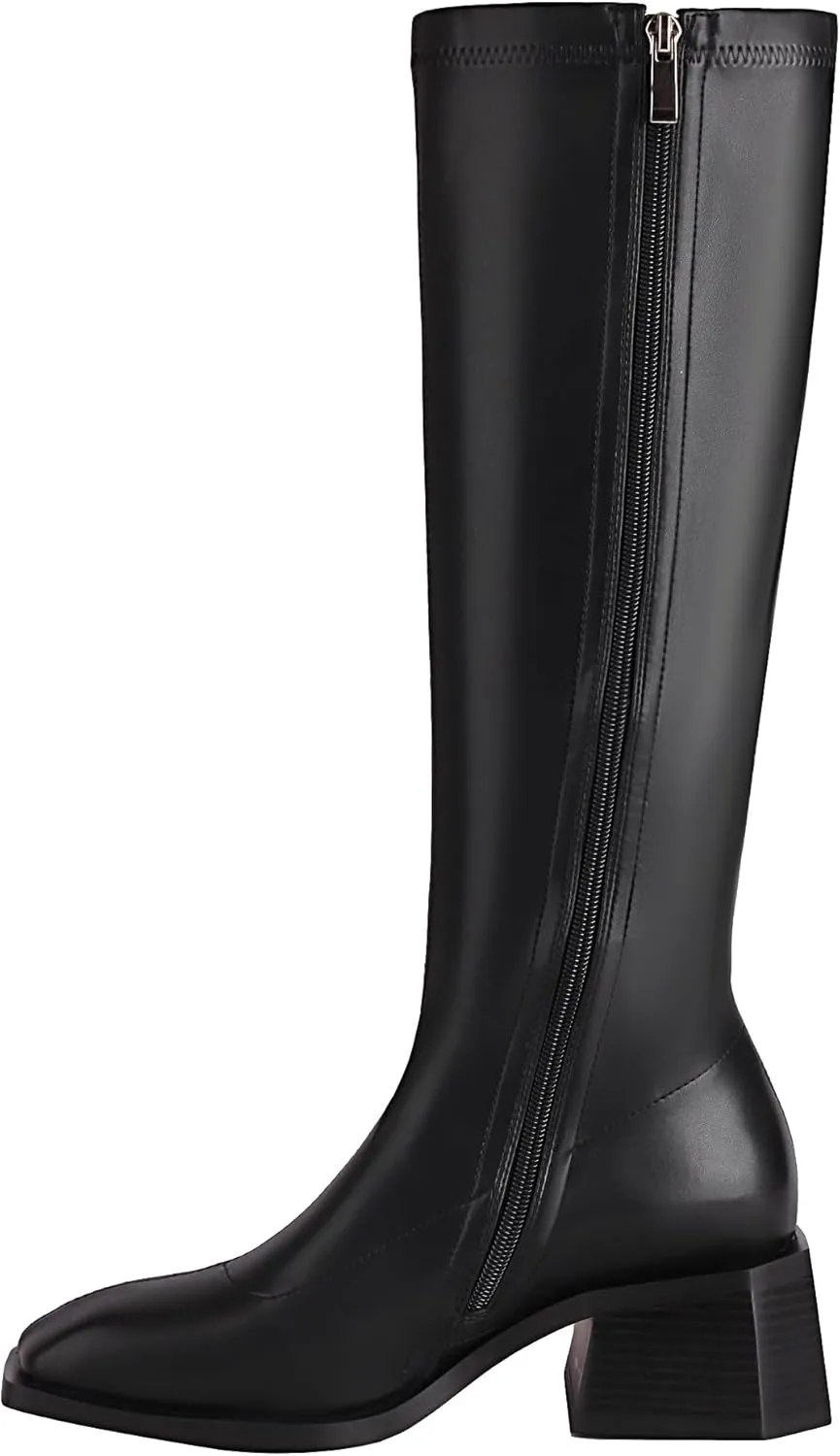 vivianly Women's Chunky Heel Knee high Boots Zipper Square Toe Platform Booties