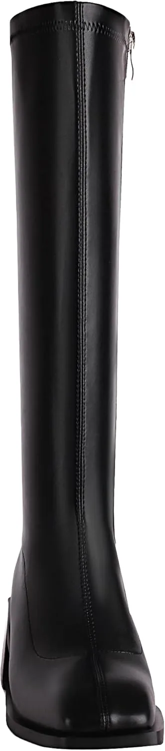 vivianly Women's Chunky Heel Knee high Boots Zipper Square Toe Platform Booties
