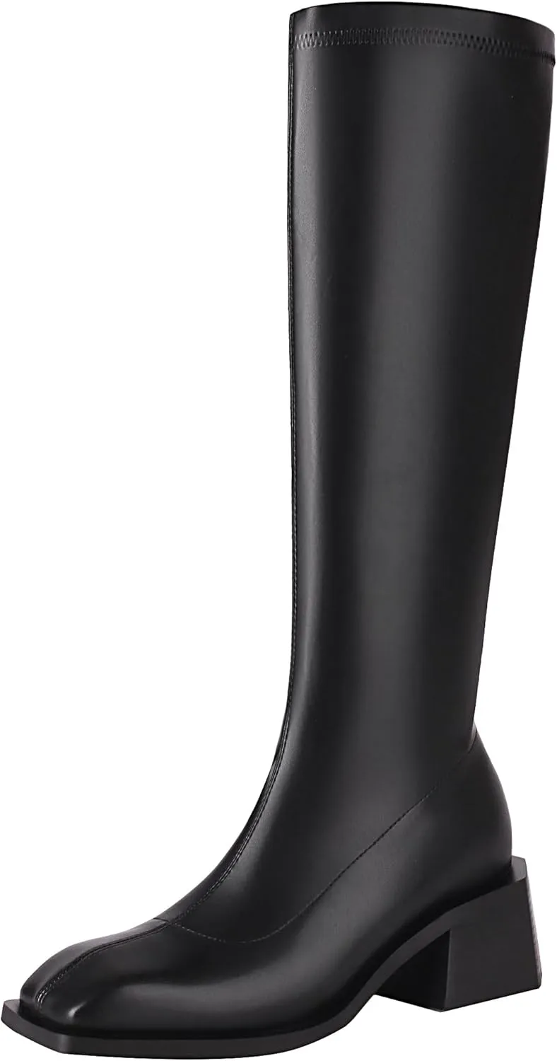 vivianly Women's Chunky Heel Knee high Boots Zipper Square Toe Platform Booties