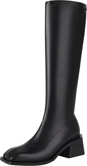vivianly Women's Chunky Heel Knee high Boots Zipper Square Toe Platform Booties