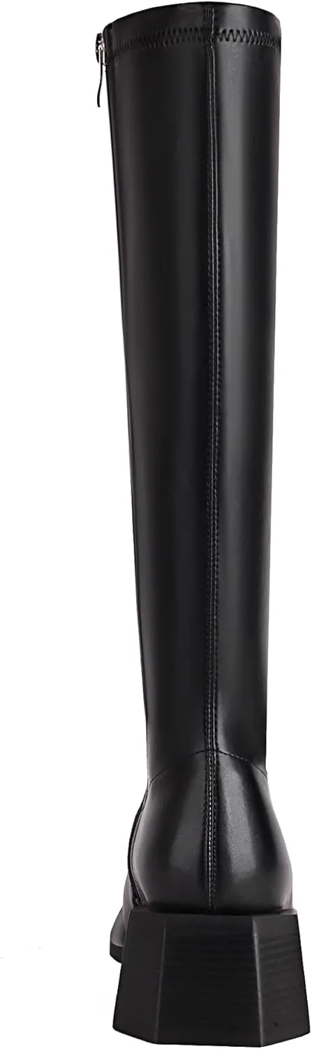 vivianly Women's Chunky Heel Knee high Boots Zipper Square Toe Platform Booties