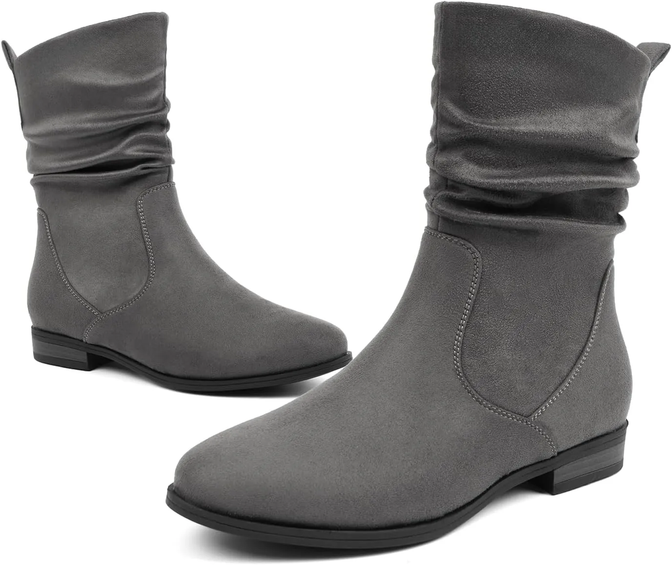VJH confort Women's Mid Calf Boots, Almond Round Toe Low Heel Comfort Dress Slouchy Booties
