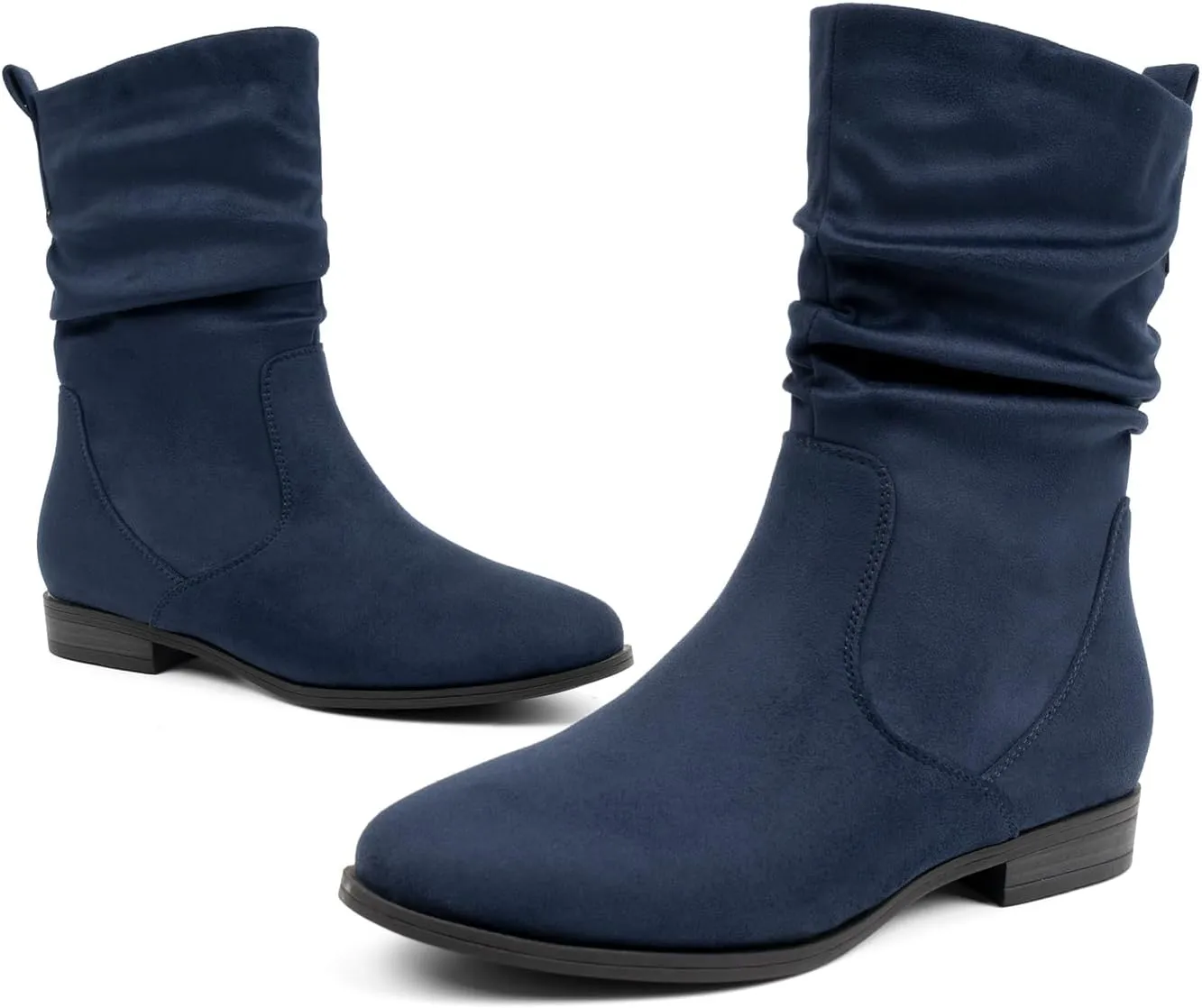 VJH confort Women's Mid Calf Boots, Almond Round Toe Low Heel Comfort Dress Slouchy Booties