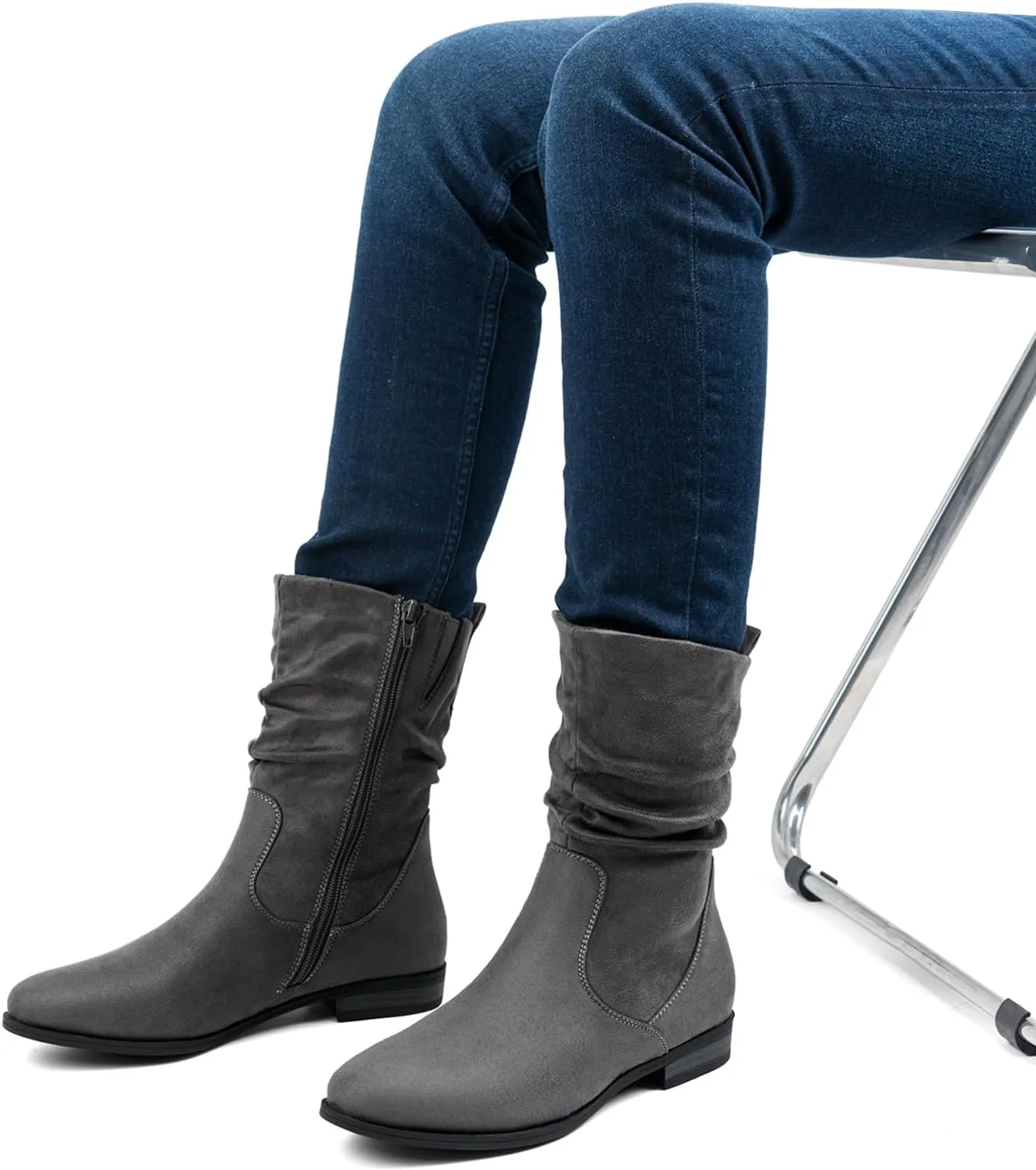 VJH confort Women's Mid Calf Boots, Almond Round Toe Low Heel Comfort Dress Slouchy Booties