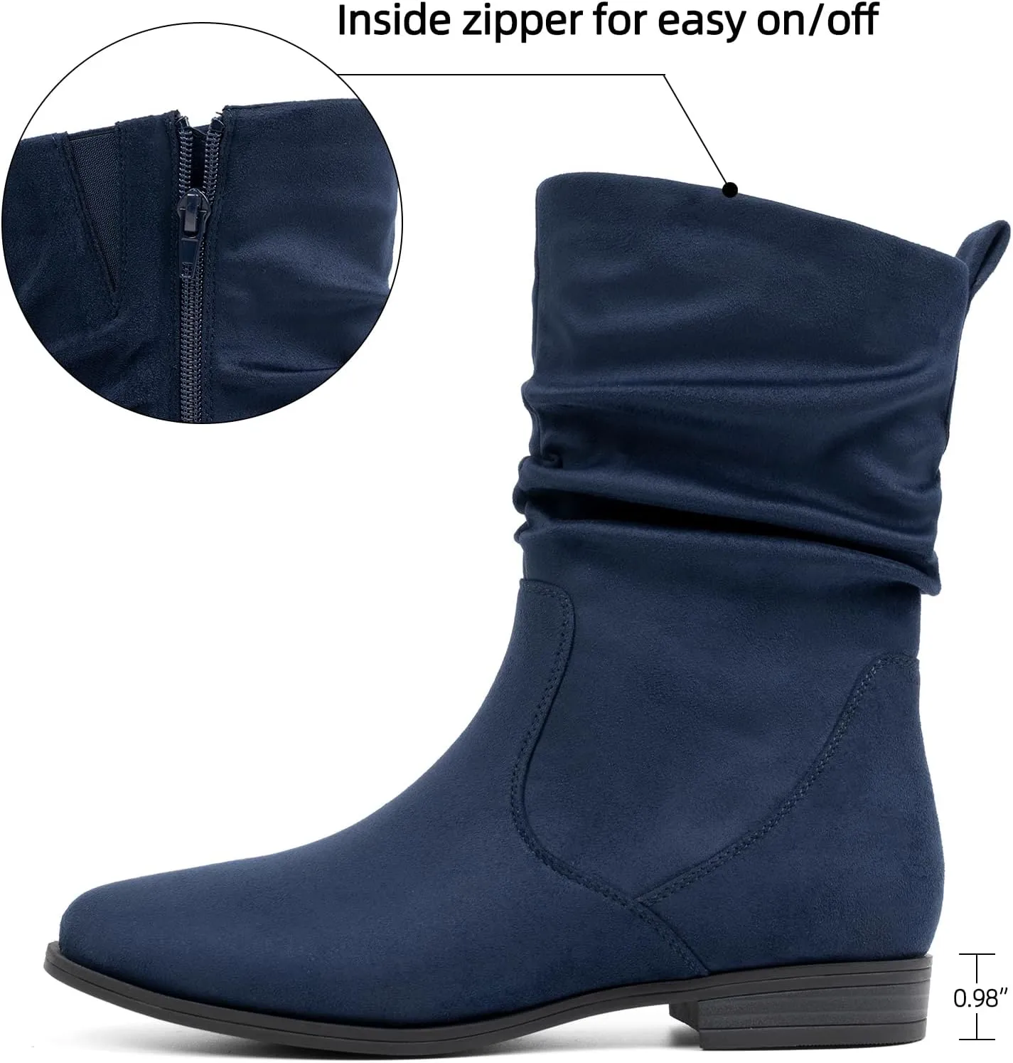 VJH confort Women's Mid Calf Boots, Almond Round Toe Low Heel Comfort Dress Slouchy Booties