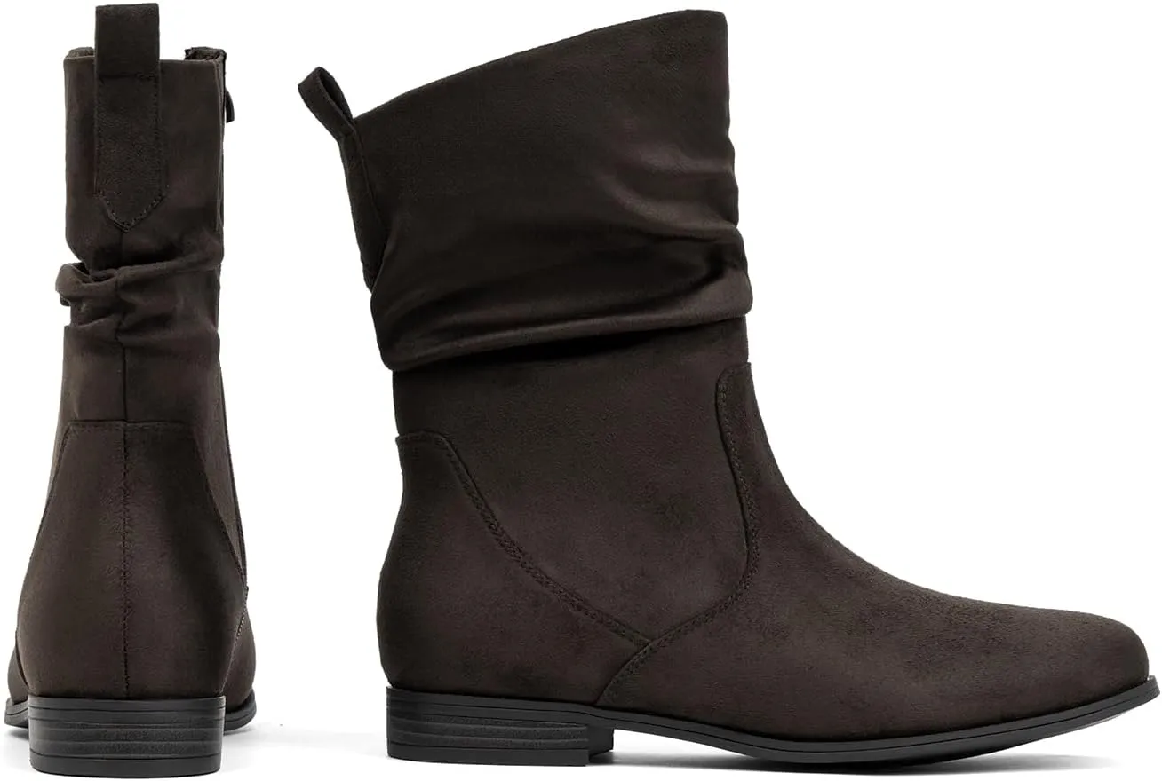 VJH confort Women's Mid Calf Boots, Almond Round Toe Low Heel Comfort Dress Slouchy Booties