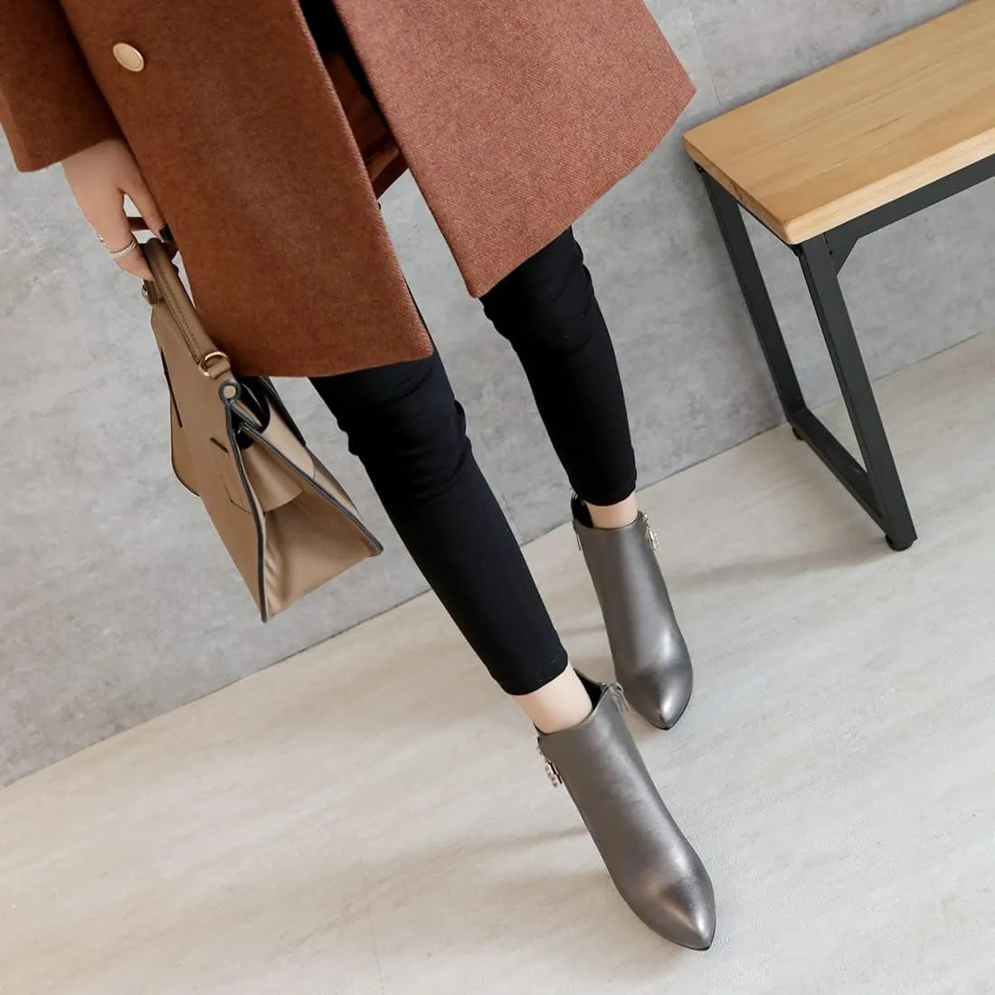 VOKLIN Women's Fashion Pointed Toe Stilettos High Heel Ankle Boots Side Zipper Elegant Dressy Short Booties