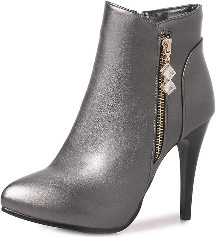 VOKLIN Women's Fashion Pointed Toe Stilettos High Heel Ankle Boots Side Zipper Elegant Dressy Short Booties