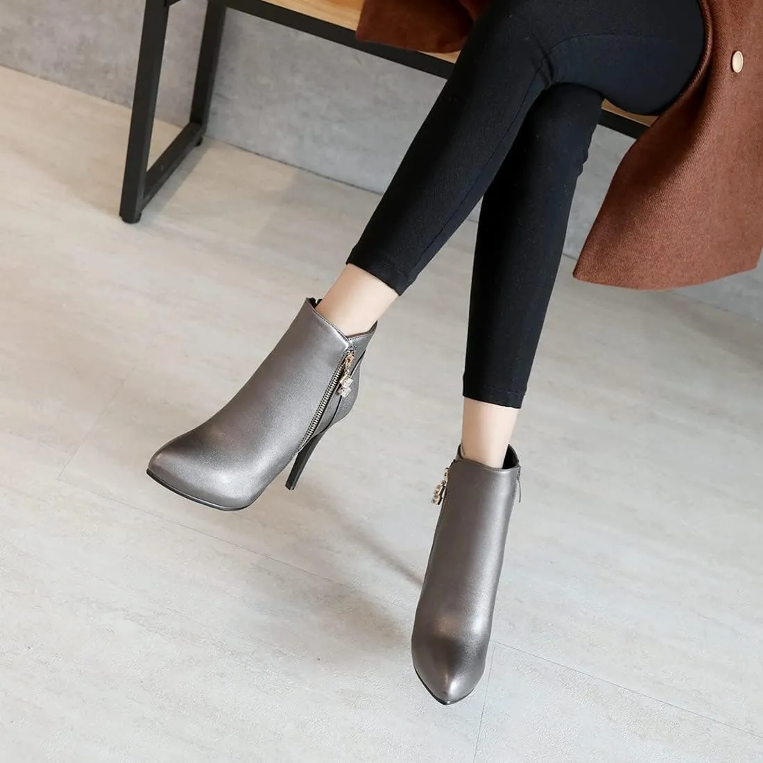 VOKLIN Women's Fashion Pointed Toe Stilettos High Heel Ankle Boots Side Zipper Elegant Dressy Short Booties
