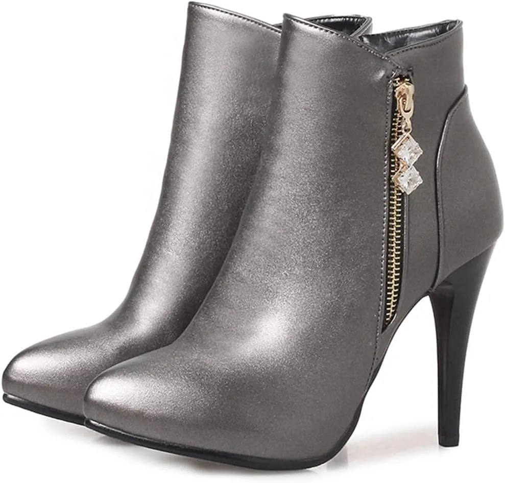 VOKLIN Women's Fashion Pointed Toe Stilettos High Heel Ankle Boots Side Zipper Elegant Dressy Short Booties