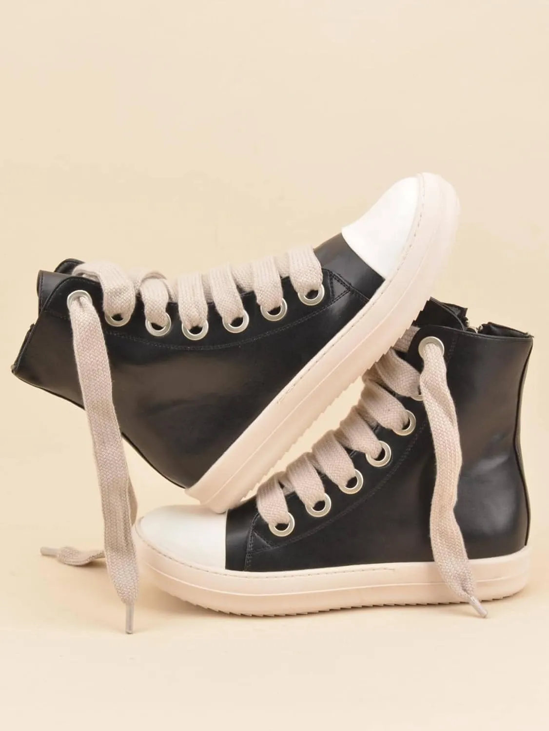 WDIRARA Women's Two Tone Lace Up High Top Round Toe Shoes Zipper Side Workout Sporty Sneakers