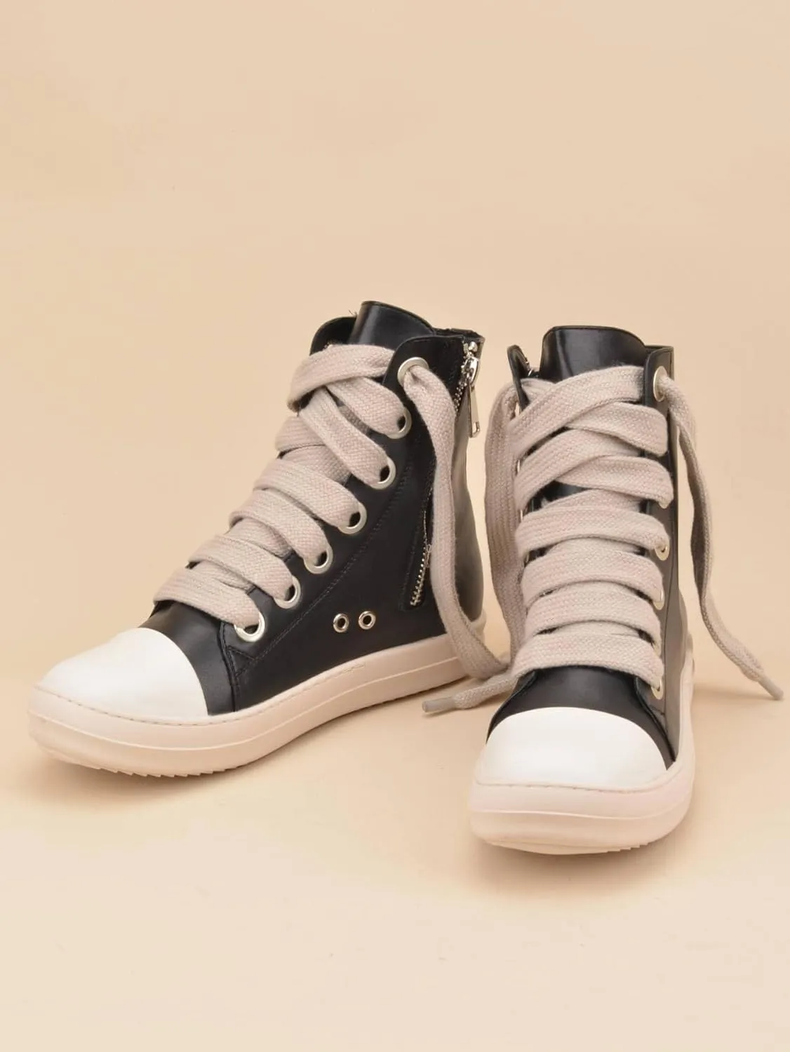 WDIRARA Women's Two Tone Lace Up High Top Round Toe Shoes Zipper Side Workout Sporty Sneakers