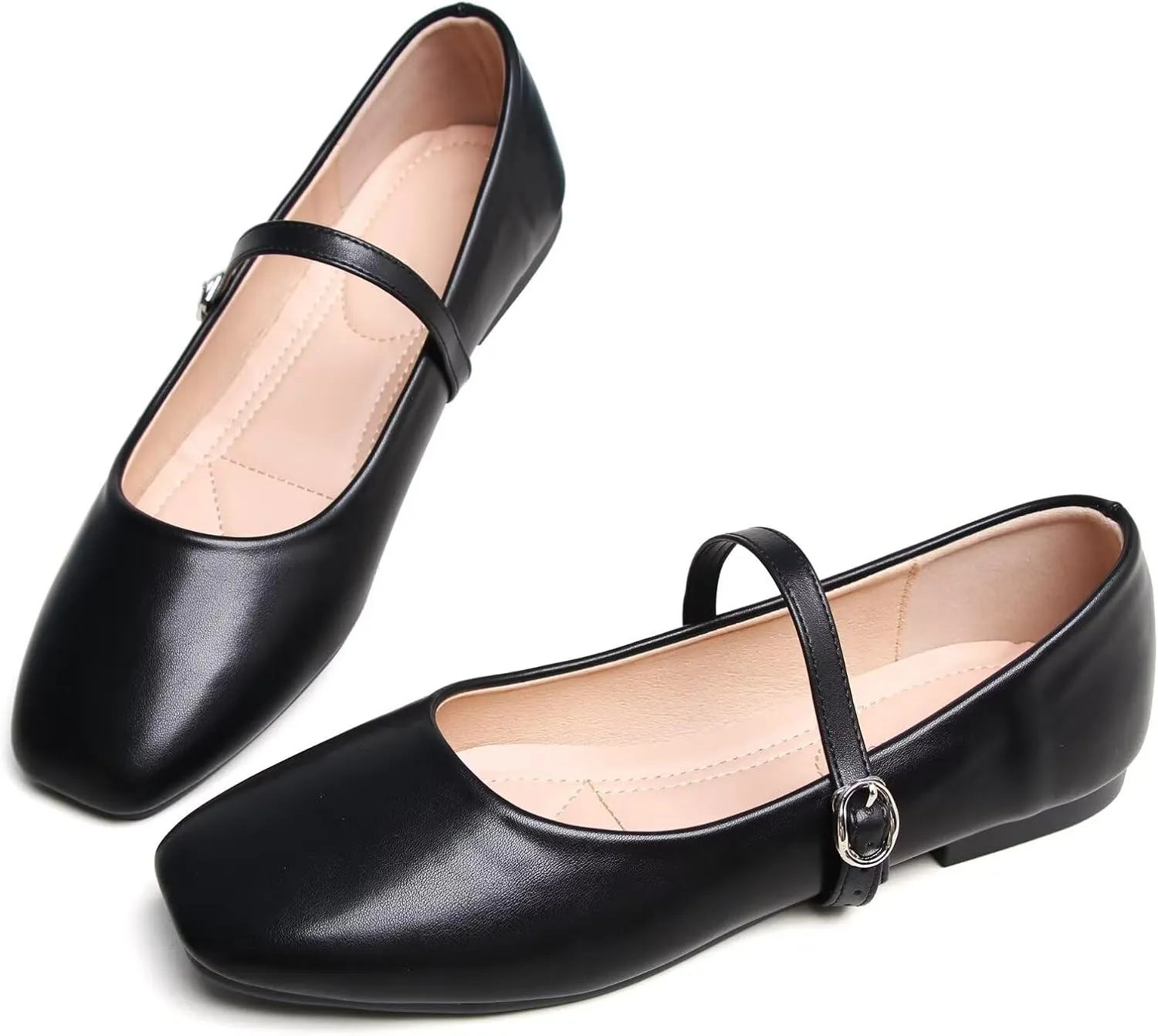 WENJIAZHIZHI Womens Square Toe Ballet Flats Comfortable Mary Jane Shoes Dressy Casual Slip-On Ballerina Walking Flat Shoes