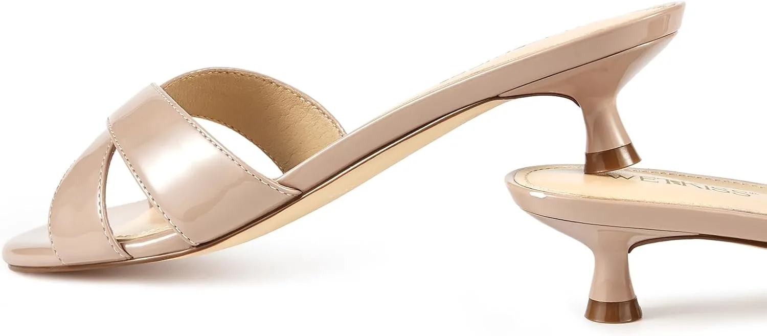 wetkiss Womens Heeled Sandals Open Round Toe Slip on Kitten Heel Mules Low Heel Slide Sandals for Women Cross Strap Backless Mule Flats Comfortable Summer Dress Heels