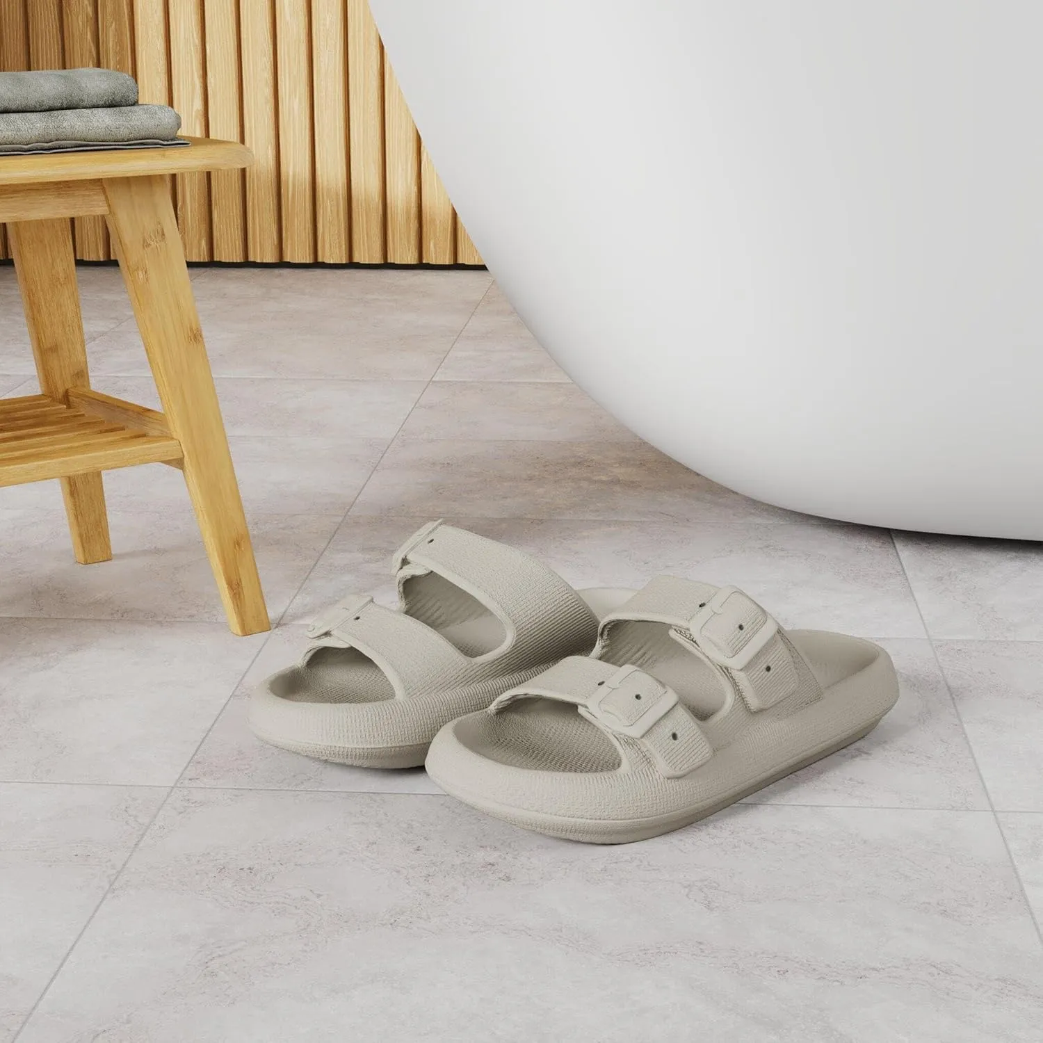 WHITIN Slides for Women Men Double Buckle Adjustable Thick Sole Pillow Slippers Bathroom Sandals