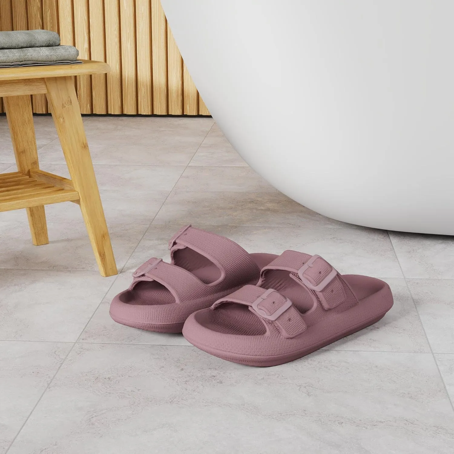 WHITIN Slides for Women Men Double Buckle Adjustable Thick Sole Pillow Slippers Bathroom Sandals