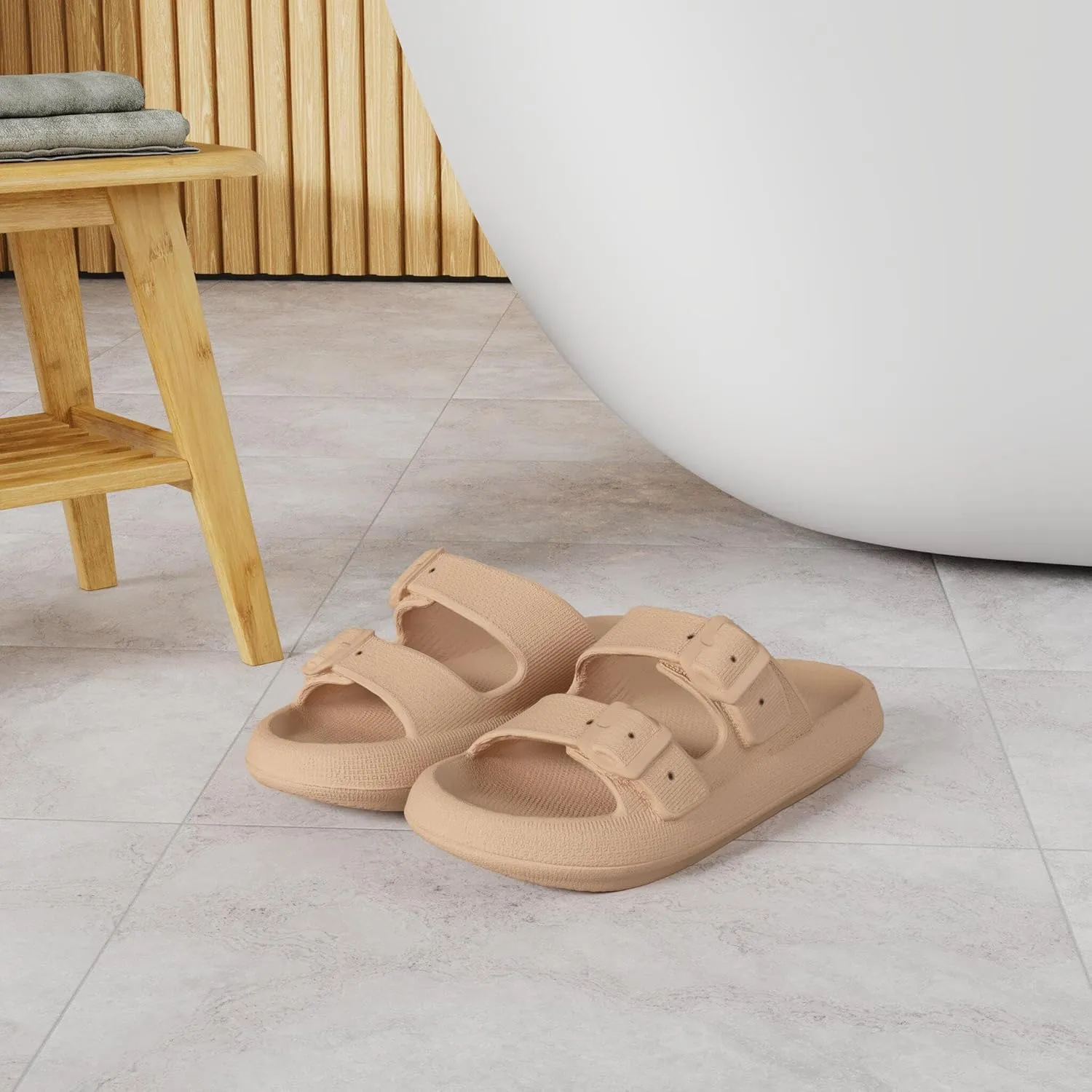 WHITIN Slides for Women Men Double Buckle Adjustable Thick Sole Pillow Slippers Bathroom Sandals