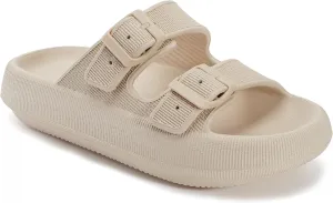 WHITIN Slides for Women Men Double Buckle Adjustable Thick Sole Pillow Slippers Bathroom Sandals