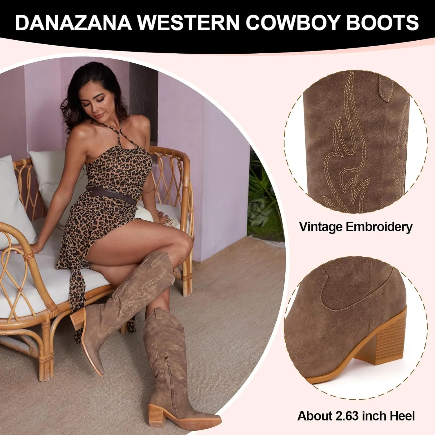 Wide Calf Cowgirl Boots For Women Knee High Cowboy Boots Pointed Toe Chunky Heel Boot Ladies Western Boots With Classic Embroidery and Side Zipper Classic Retro Country Boots For Lady Size 6-11