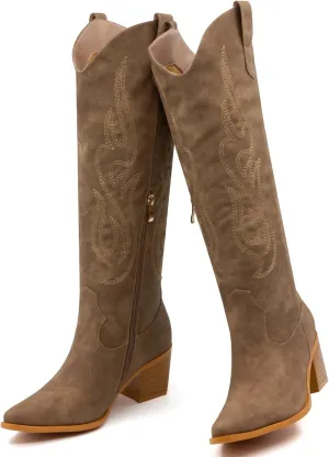 Wide Calf Cowgirl Boots For Women Knee High Cowboy Boots Pointed Toe Chunky Heel Boot Ladies Western Boots With Classic Embroidery and Side Zipper Classic Retro Country Boots For Lady Size 6-11
