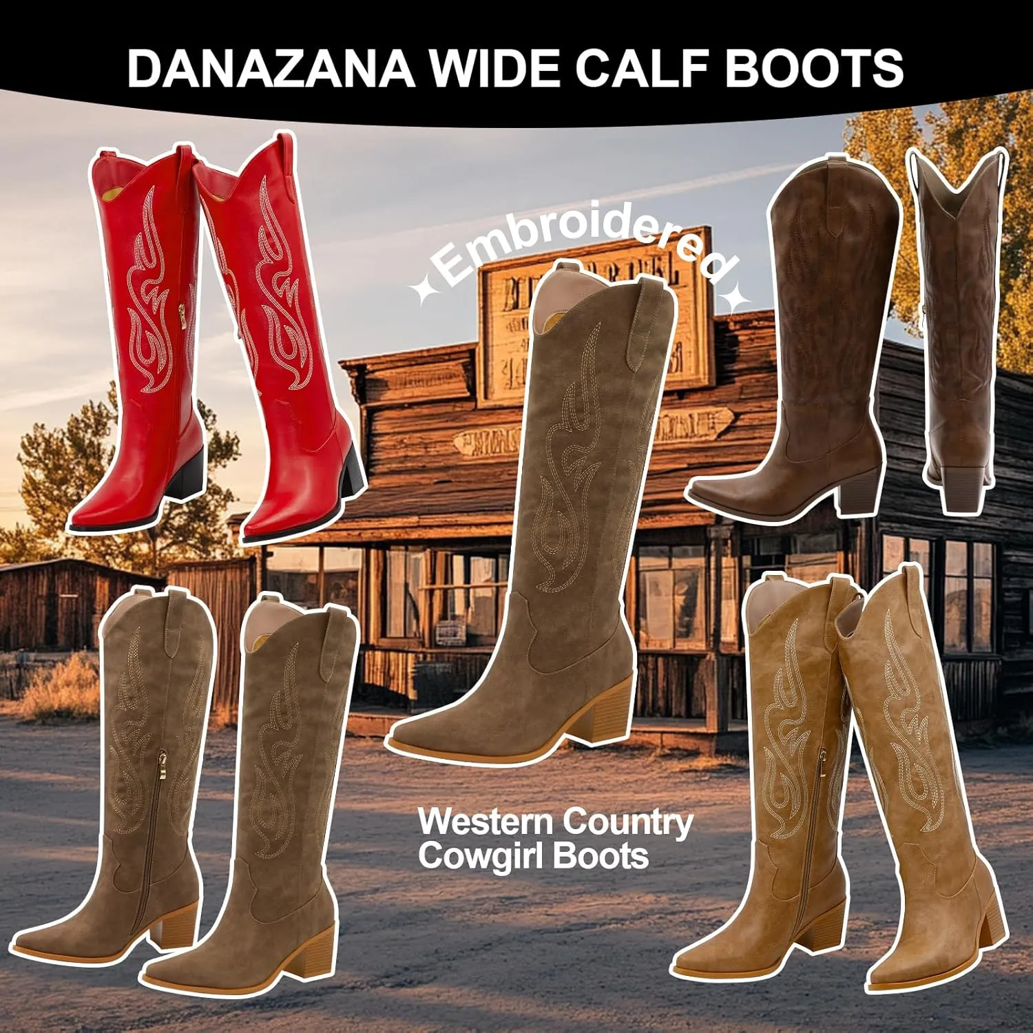 Wide Calf Cowgirl Boots For Women Knee High Cowboy Boots Pointed Toe Chunky Heel Boot Ladies Western Boots With Classic Embroidery and Side Zipper Classic Retro Country Boots For Lady Size 6-11