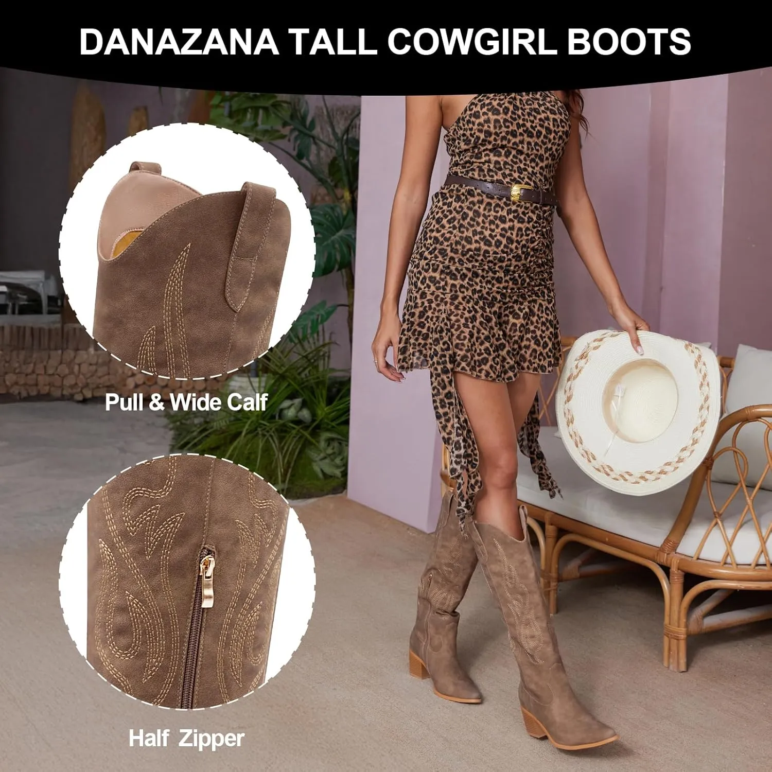 Wide Calf Cowgirl Boots For Women Knee High Cowboy Boots Pointed Toe Chunky Heel Boot Ladies Western Boots With Classic Embroidery and Side Zipper Classic Retro Country Boots For Lady Size 6-11