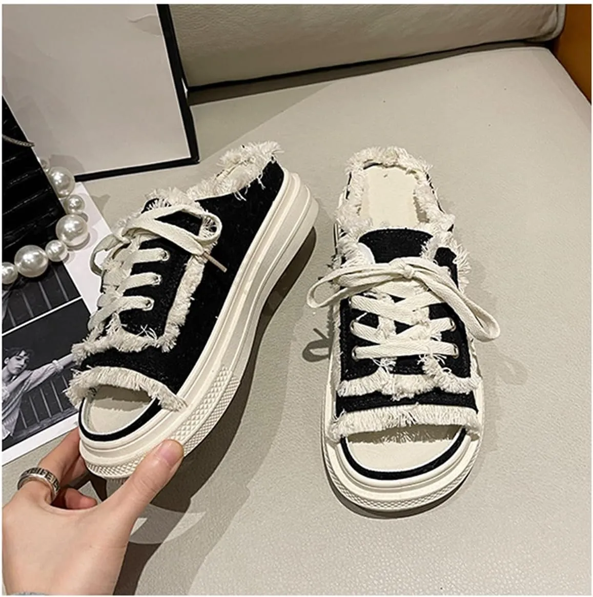 Women Canvas Slippers Mule Sneakers Slip on Shoes Platform Clogs Backless Sneakers Casual Open Toe Sandals