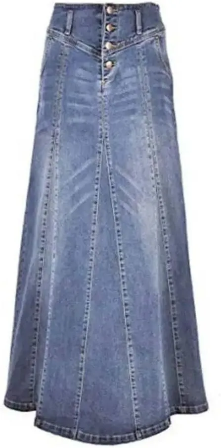 Women High Waist Button Front A-Line Denim Skirt Vintage Long Flare Slim Fit Casual Wear