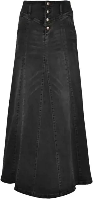 Women High Waist Button Front A-Line Denim Skirt Vintage Long Flare Slim Fit Casual Wear