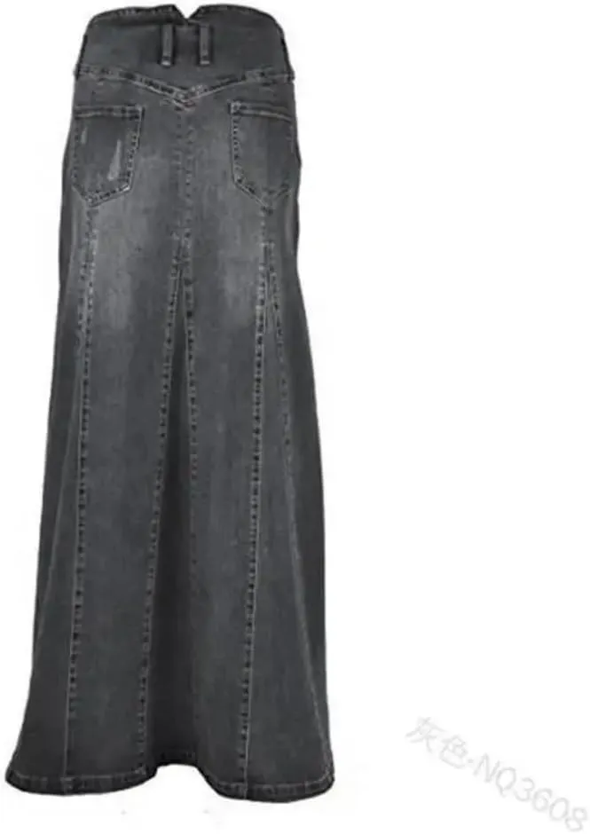 Women High Waist Button Front A-Line Denim Skirt Vintage Long Flare Slim Fit Casual Wear