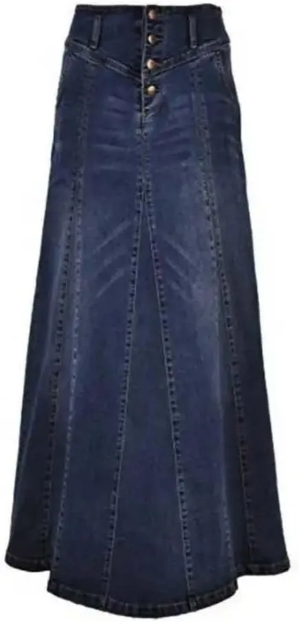 Women High Waist Button Front A-Line Denim Skirt Vintage Long Flare Slim Fit Casual Wear
