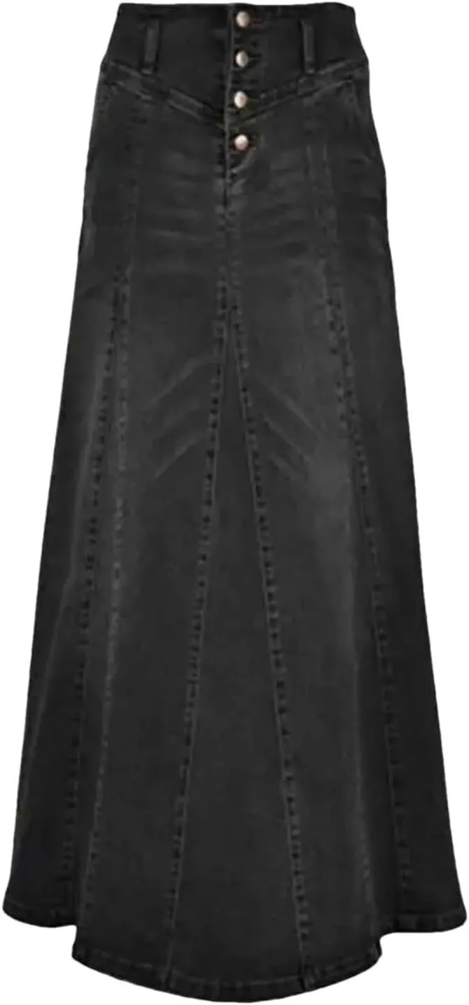 Women High Waist Button Front A-Line Denim Skirt Vintage Long Flare Slim Fit Casual Wear