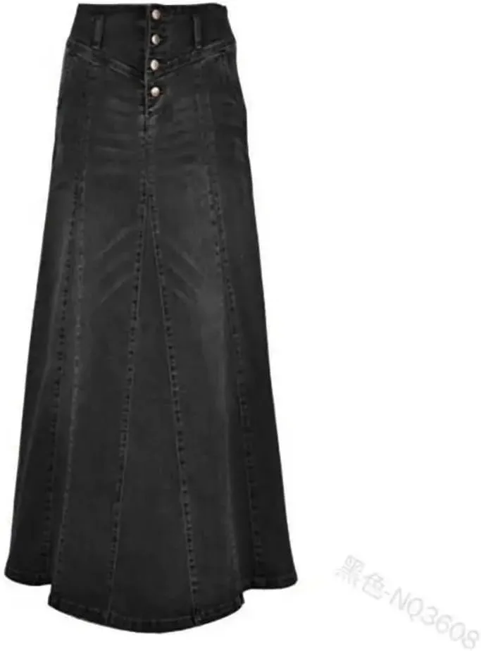 Women High Waist Button Front A-Line Denim Skirt Vintage Long Flare Slim Fit Casual Wear
