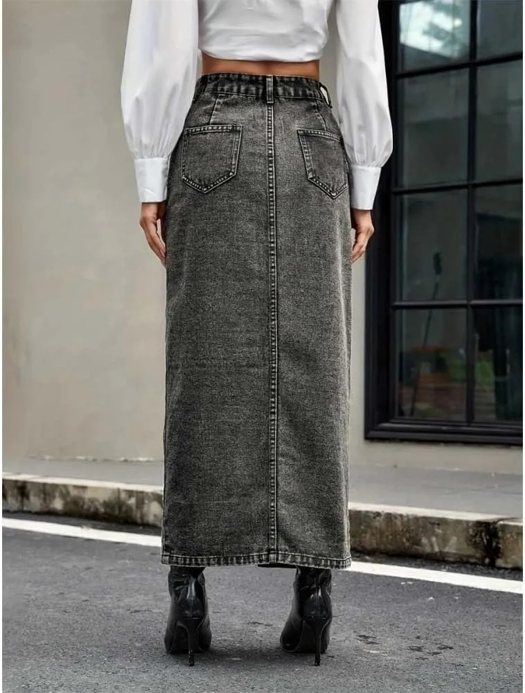 Women High Waist Button Front Split Denim Skirt Casual Maxi Skirt Vintage Side Slit Skirt