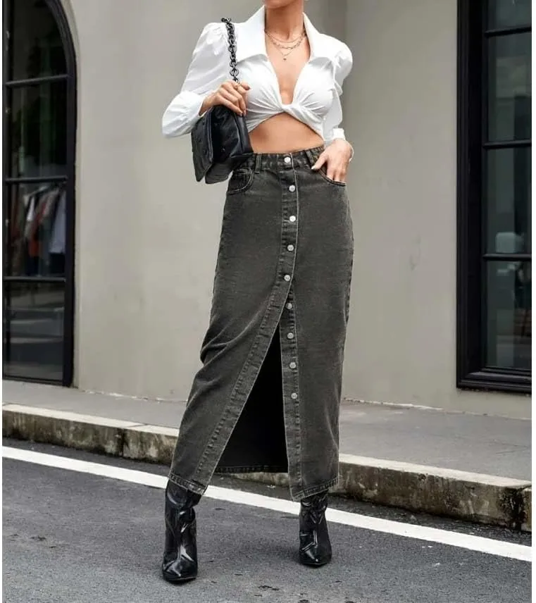 Women High Waist Button Front Split Denim Skirt Casual Maxi Skirt Vintage Side Slit Skirt