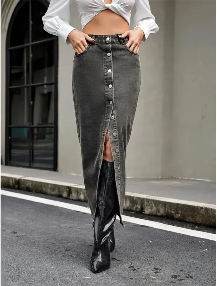 Women High Waist Button Front Split Denim Skirt Casual Maxi Skirt Vintage Side Slit Skirt